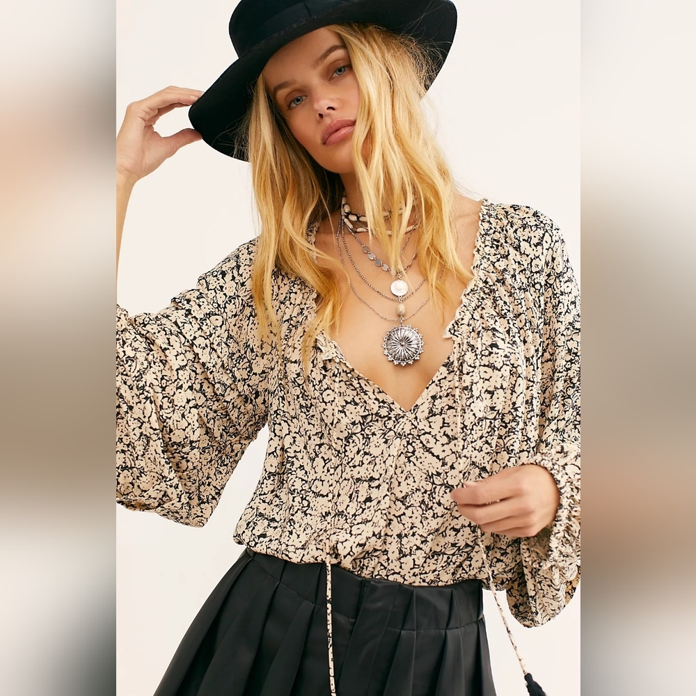 Free People All Tucks Printed Bodysuit Size XS Black Cream Floral Ruffles